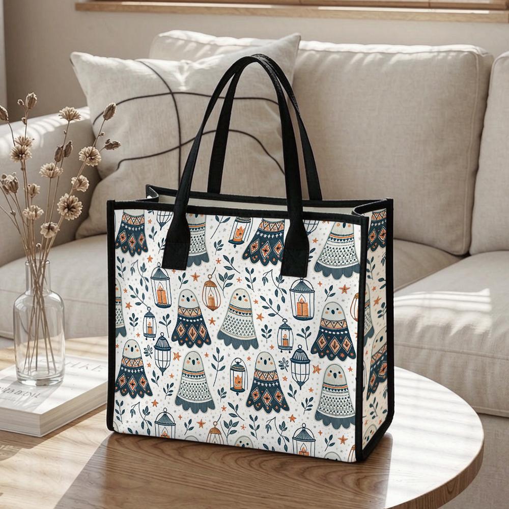 Cute Ghost Pattern Canvas Tote Bag for Daily Shopping Portable Durable Women Casual Handbag