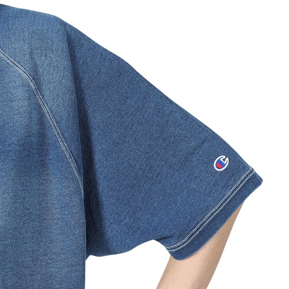 Krátká raglánová mikina s poloviční zipem, sepraná modrá [Champion], rukáv, 100% bavlna, fleece, výšivka, džínovina, rukáv, mikina, pánská volnočasová