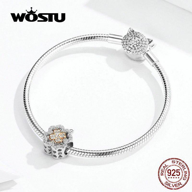 WOSTU Authentic 925 Sterling Silver Goods Luck Clover Beads Charm Fit Original Bracelet Bangle