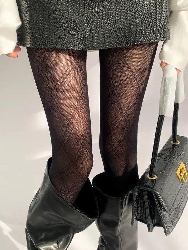High-End Silver Silk Gray Stockings Gray-Tie Bright Silk Rhombus Cross-Striped Shiny Black Stockings Skin-Penetrating Pantyhose