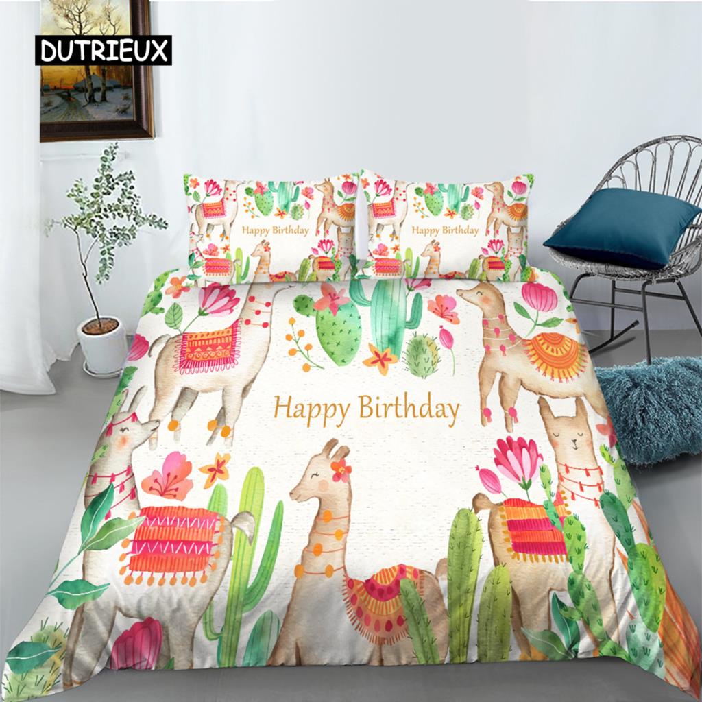 Cartoon Animal Happy Birthday King Queen Duvet Cover Cute Lion Bedding Set Kids Boys Girls Elephant 2/3pcs Polyester Quilt Cover