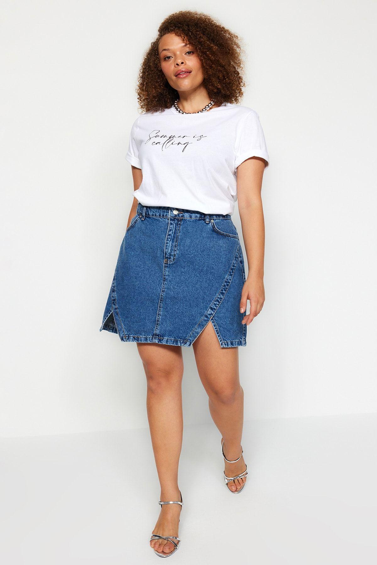 

Women s Style Plus Size Blue Double Slit Denim Skirt XL
