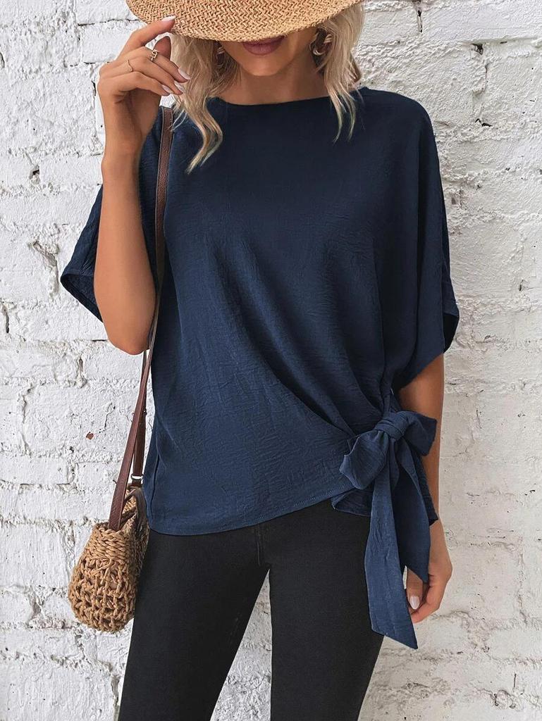 Summer Women's Solid Color Batwing Sleeve Knot Hem Loose T-shirt