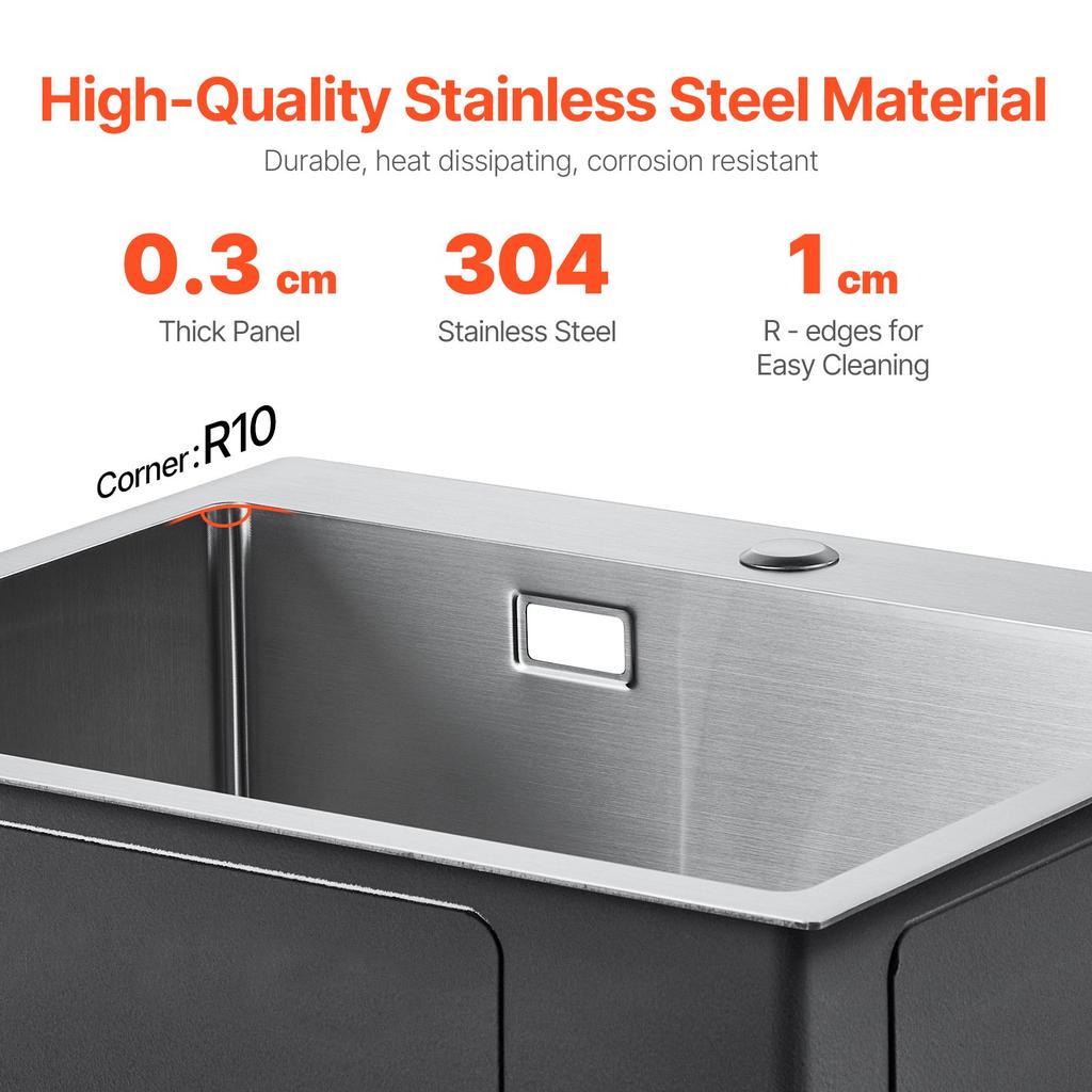 VEVOR 40cm Kitchen Sink Workstation, 304 Stainless Steel Top Mount Sinks, Drop-In Single Bowl Farmhouse Basin with Accessories