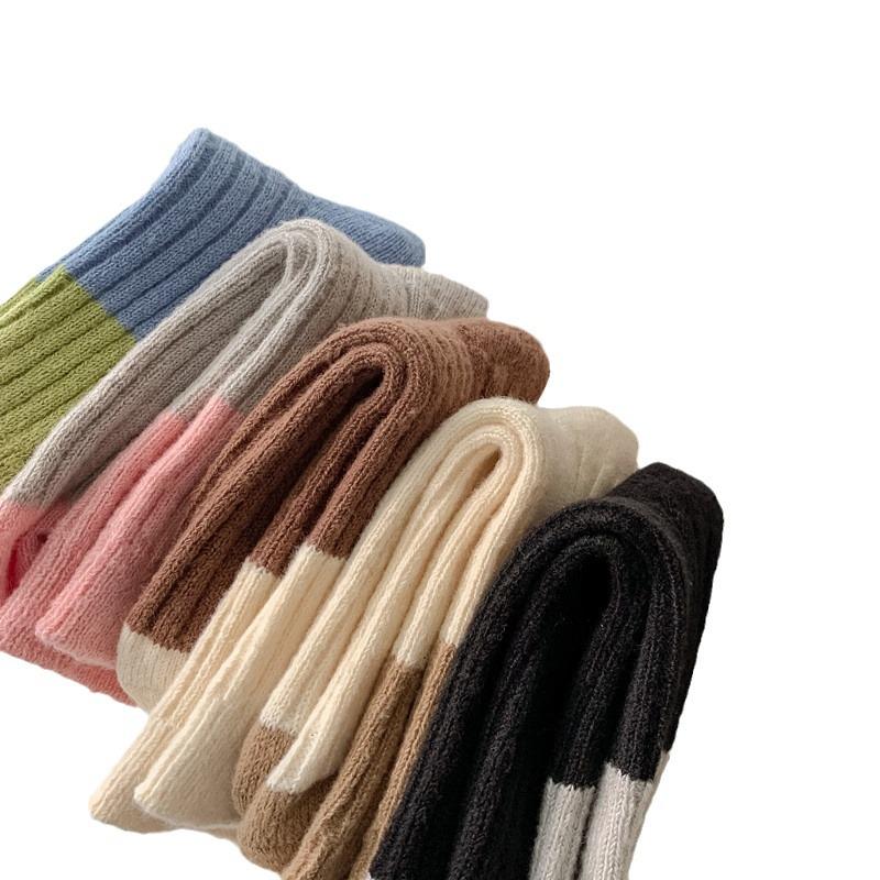 Women's Retro Japanese Thick Color Block Mid-Tube Socks - Warm Pile-Up Long Socks for Autumn & Winter