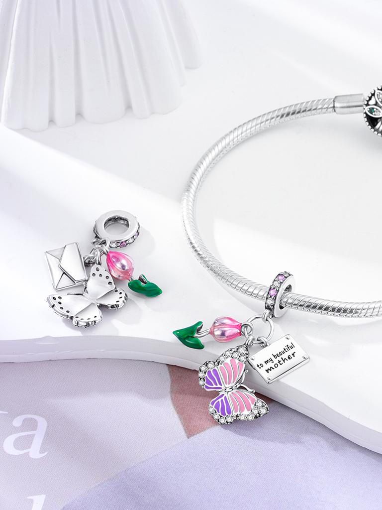 925 Sterling Silver Růžová Modrá Butterfly Dragonfly Charms Korálky pro ženy Vhodné originální náramek Diy šperky značkovací dívka