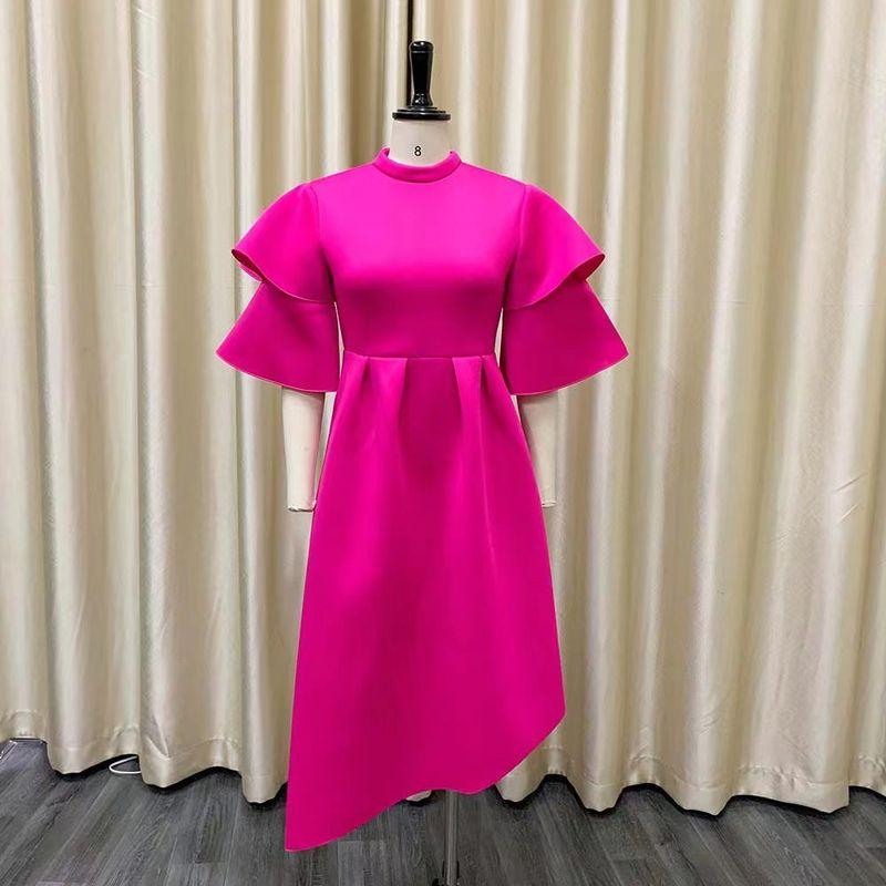 

Fashion New Arrival Double Layer Lotus Leaf Sleeve Dress Pure Color Formal Swing Dress Lotus Leaf Sleep Dress Rose Red 3XL