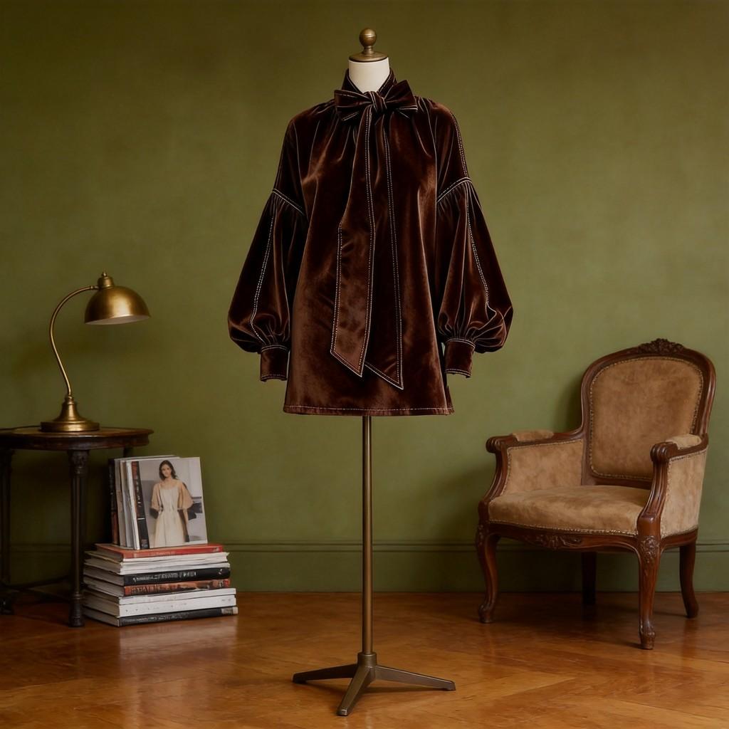 Velvet Butterfly Bow High Neck Dress With Ruffled Sleeves For Casual Office Wear
