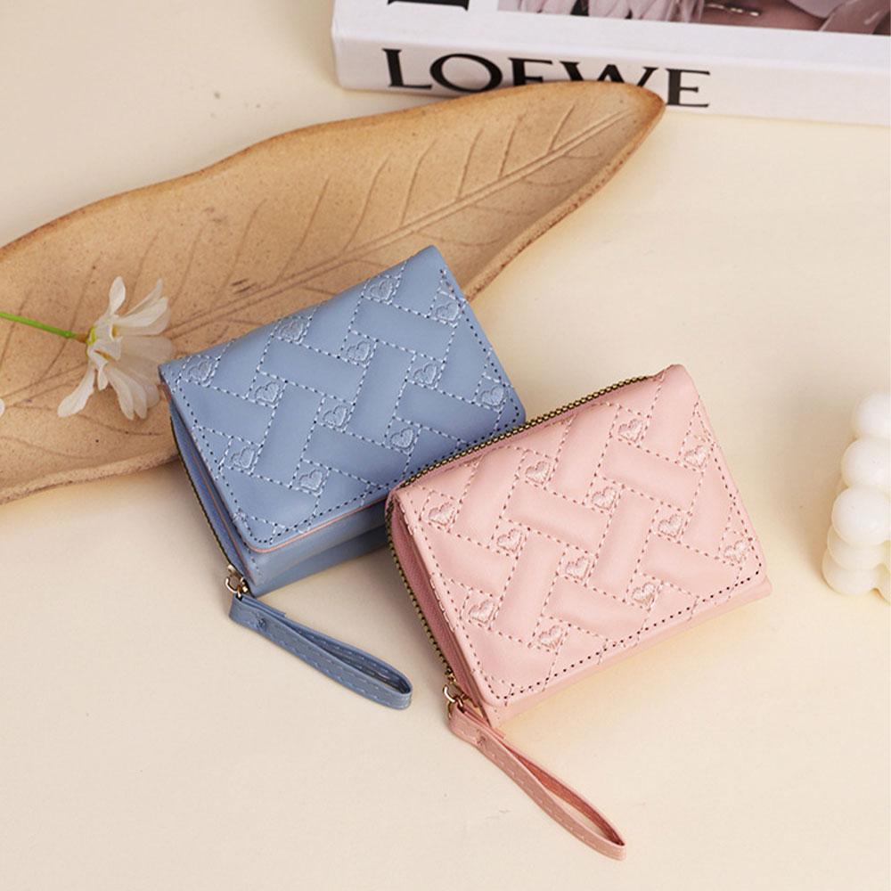 1Pc Fashi Embroidered Heart-Shaped Short Wallet, Heart Pattern Stitch Detail Coin Purse, Daily PU Leather Zipper Small Wallet