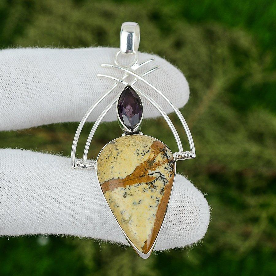 

925 Silver Pear Picture Jasper Gemstone Amethyst Wedding Bezel Birthday Pendant