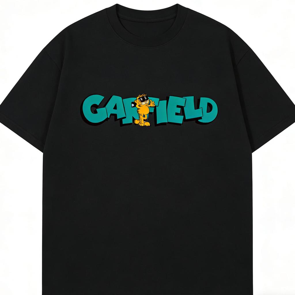 Garfield "GARFIELD" Lake Blue Letter Print Short Sleeve T-Shirt, American Streetwear Brand Heavyweight Cotton Loose Fit Oversized Couple Top