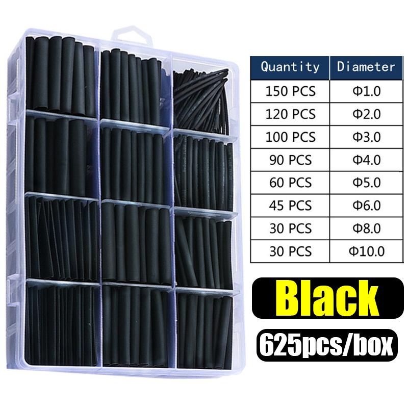 

625pcs Heat Shrink Tube Thermoresistant Cable Tubing Wire Wrapping Electrical Insulation Connection Wire Cable Sleeves Protecter чорний