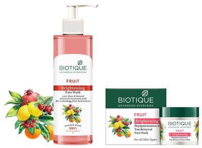 Biotique Fruit Brightning Face Wash, 200ml & Biotique Fruit Brightening Depigmentation & Tan Removal Face Pack For All Skin Types, 75gm
