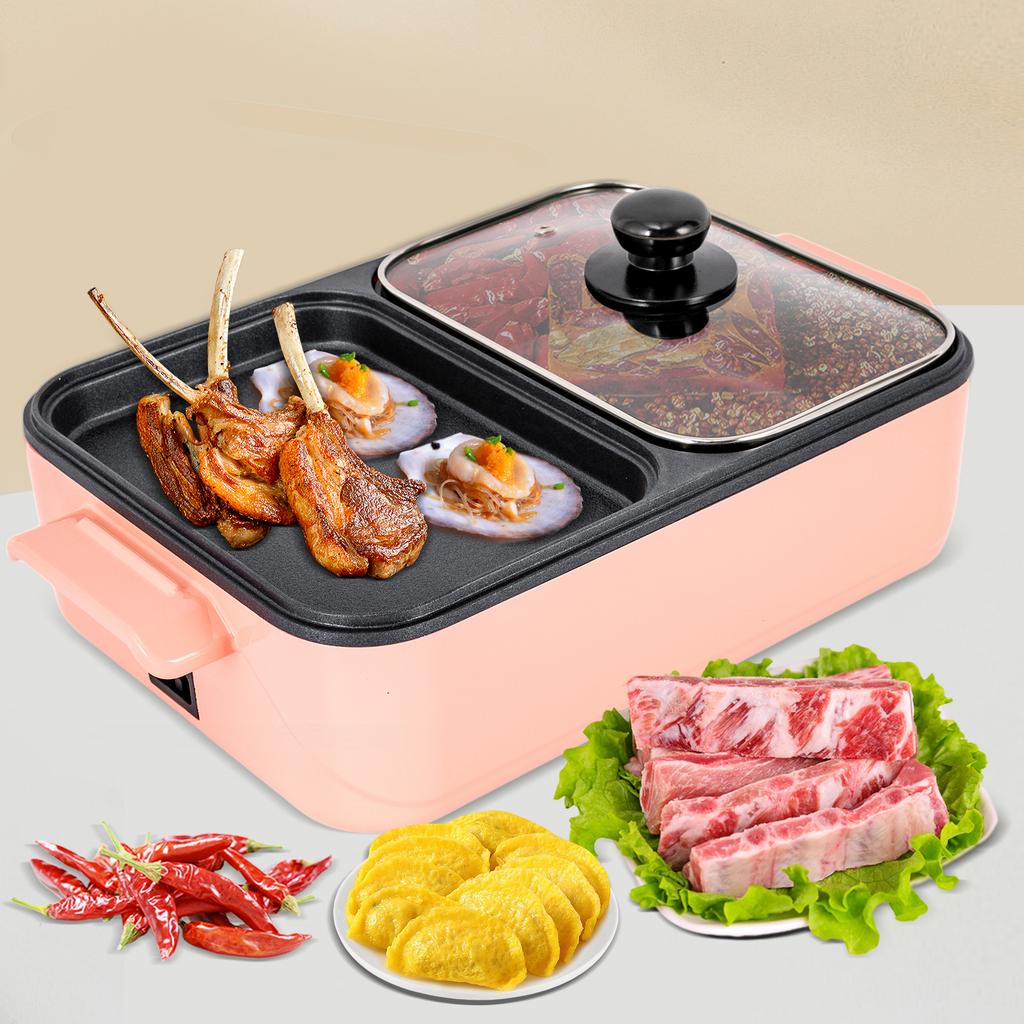Electric Hot Pot with Grill, 2 In 1 Nonstick Griddle&Hot Pot for Steak/Shabu Shabu/BBQ, Separate Dual Temperature Control, Pink