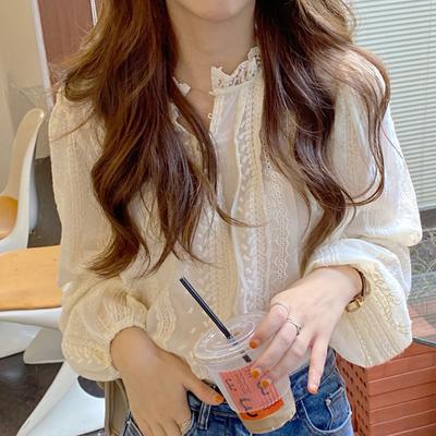 Spring O-neck Elegant Blouse Puff Sleeve Sweet Women's Shirt Fashion New Lace Long Sleeve Tops