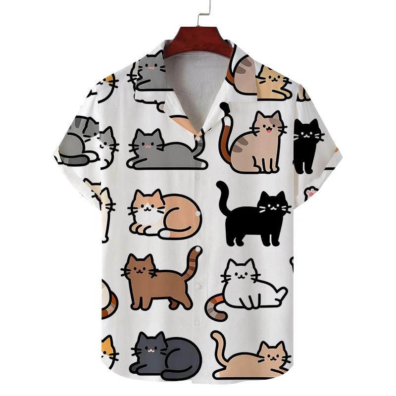 Zomer Unisex Nieuw Kortmouwig Shirt met Kattenprint Patroon voor Casual Woon-werkverkeer, Modieus en Gepersonaliseerd Ademend Shirt