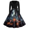 Women's Vintage Halloween Print V-Neck Dress, Casual Party Outfit for Celebrations