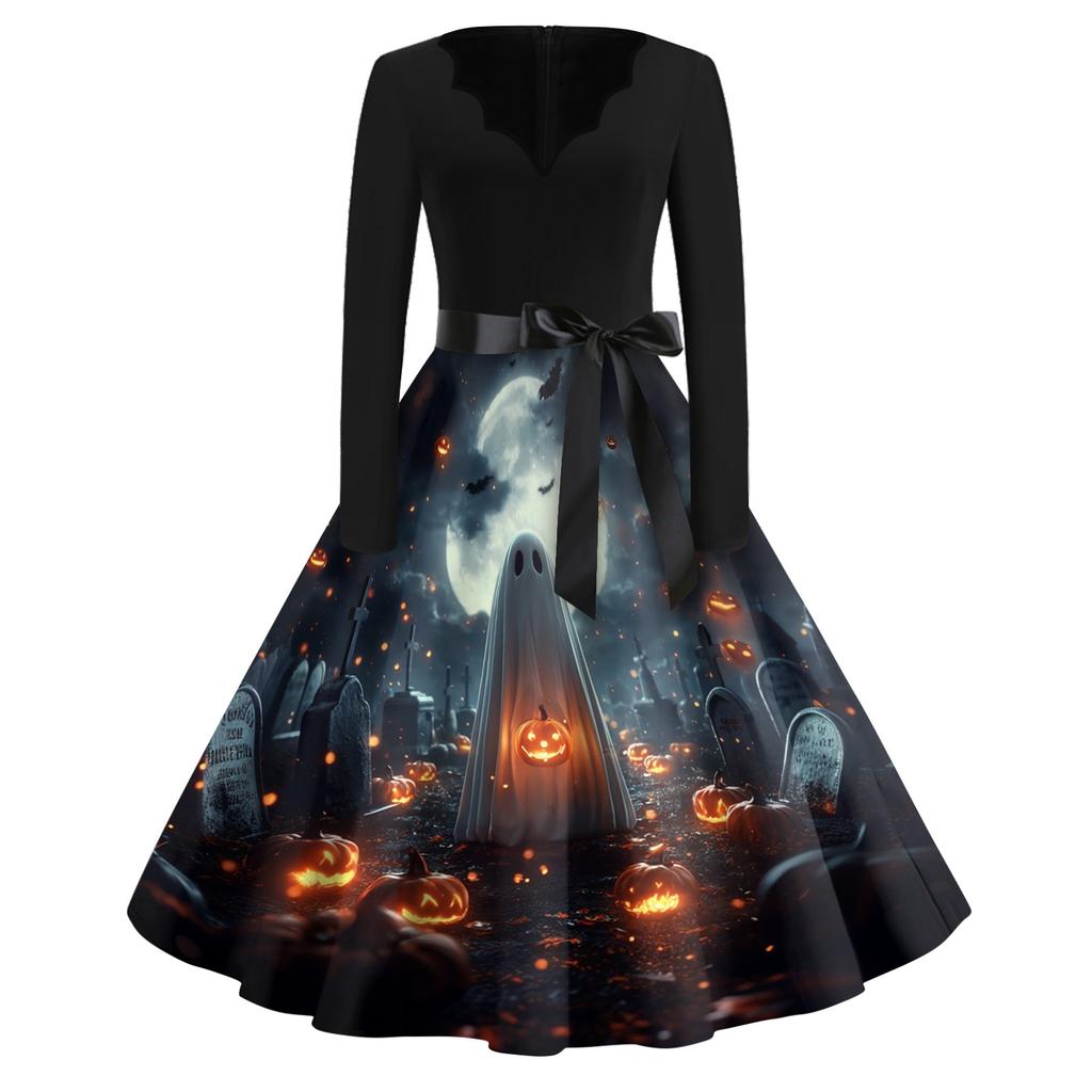 Women's Vintage Halloween Print V-Neck Dress, Casual Party Outfit for Celebrations