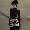 2025 Spring Fashion Mesh Turtleneck Long Sleeve Red Draped Bandage Sexy See Through Crop T-Shirt Top Streetwear Club