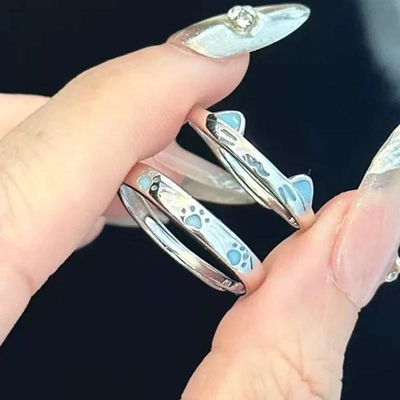 1/2Pcs  Blue Luminous Cat Dog Couple Rings Creative Glowing In The Dark Rings Jewelry For Men Women Valentine's Day Gift