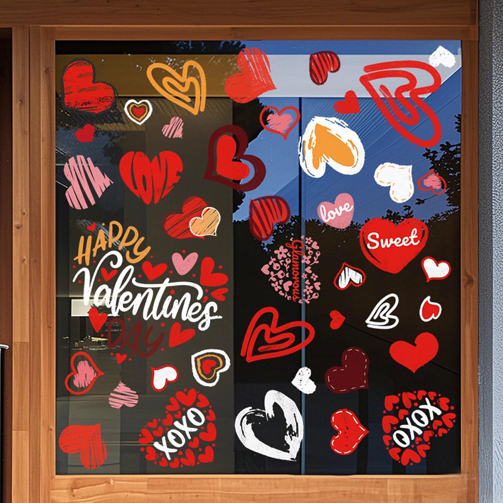 Valentine'S Day Window Decor Reusable Red Pink Heart Shaped Static Stickers Glass Art Decals Home Wall Stickers 6/12 Sheets
