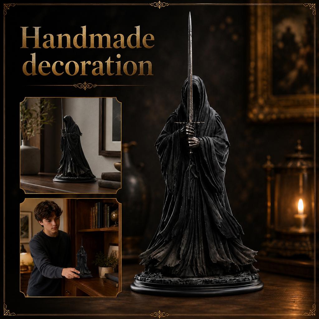 Collectible Dark Cloaked Figure Model Statue with Sword Standing on Decorative Base Detailed Design for Display and Collection