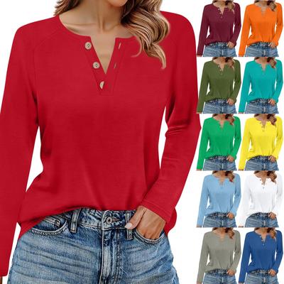 Women's T Shirt Solid Color Button Long Sleeve Daily Weekend Fashion Basic V- Neck Regular Top