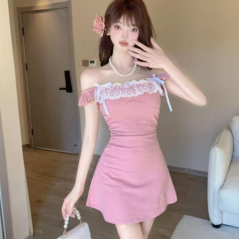 Pure Desire Wind Lace Splicing Dress French Bow Summer Skirt Waist Temperament High Waist Short Skirt A-shaped Skirt