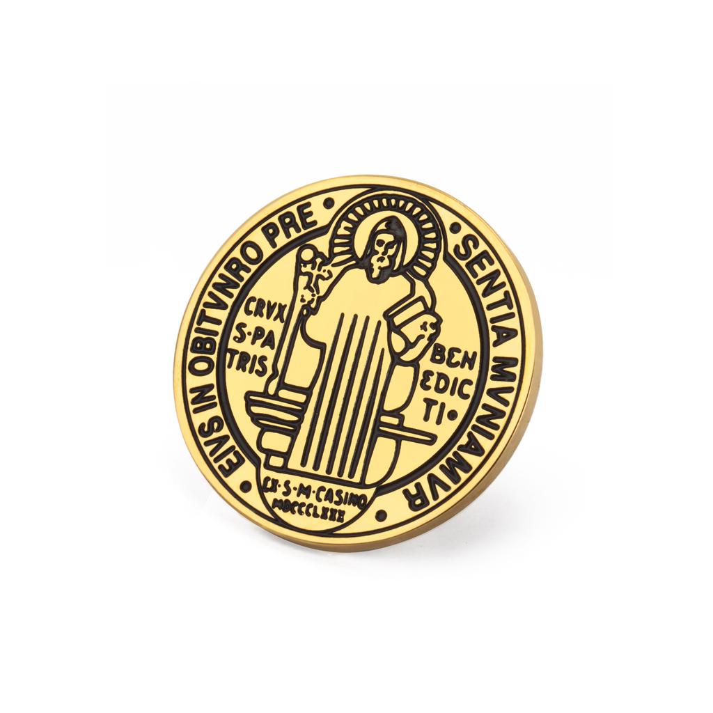 LIKGREAT Vintage Saint Benedict Brooch Stainless Steel Pins for Women Men Catholic Spiritual Protection Badge Amulet JewelryGift