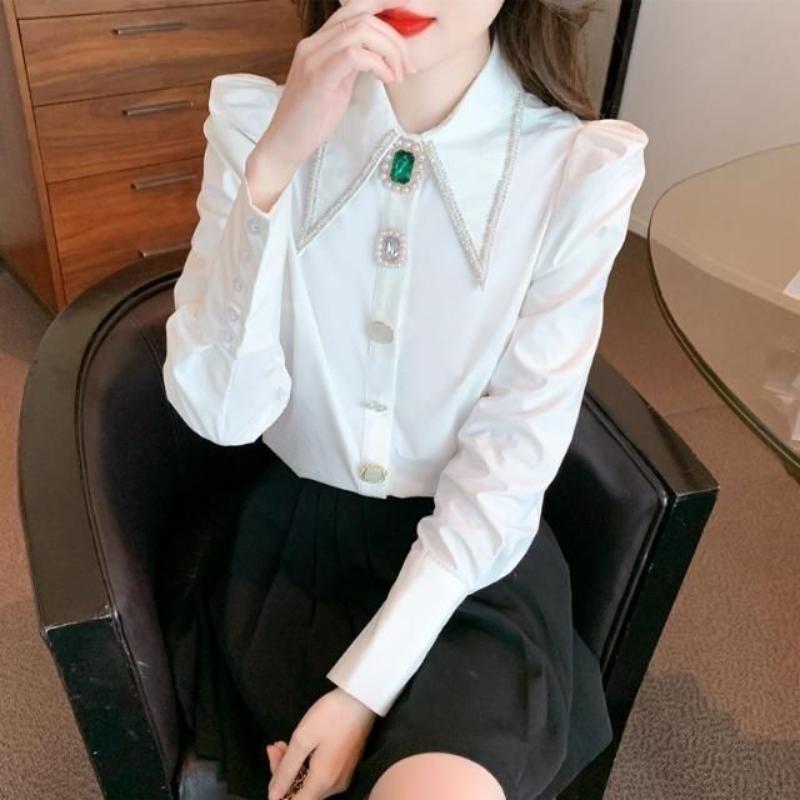 Women Autumn New Polo Collar Shirt Fashion and Elegant Studded with Diamonds Solid Buttons Casual and Versatile Long Sleeve Tops