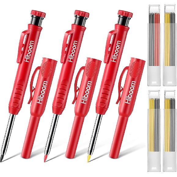 Hiboom 3 Pack Carpenter Pencils Set with 24 Refills, 2.8 mm Carpenters Mechanical Pencil Built in Sharpener Woodworking Marking Tool Solid Long Nosed