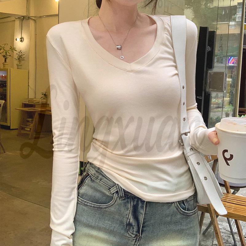 Women s V-Neck Elastic Slimming Solid Color Long-Sleeved T-Shirt, Spring 2026 Medium грязно-белый