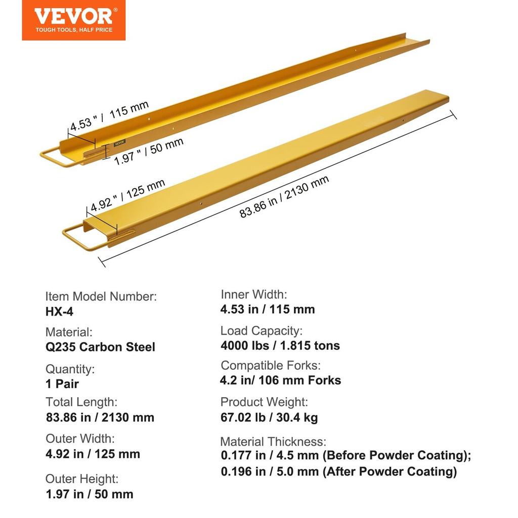 Pallet Fork Extensions, 84" Length 4.5" Width, Heavy Duty Carbon Steel Fork Extensions for Forklifts, 1 Pair Forklift Extensions, Industrial Forklift