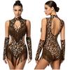 Women Latin Dance Leopard Bodysuit Matching Oversleeve Tassel Detail Front Keyhole Backless Hollow Out Waist Buttoned Crotch Leotard for Tango Cha Cha