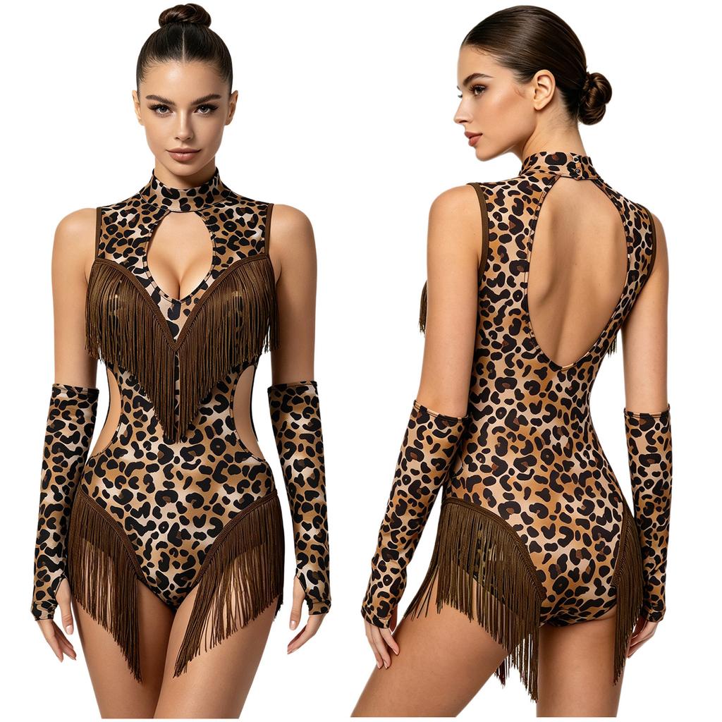 Women Latin Dance Leopard Bodysuit Matching Oversleeve Tassel Detail Front Keyhole Backless Hollow Out Waist Buttoned Crotch Leotard for Tango Cha Cha