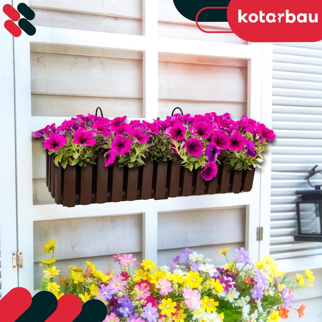 Flowerpot Balcony Terrace Box with Hooks Irrigation System Brown 60cm