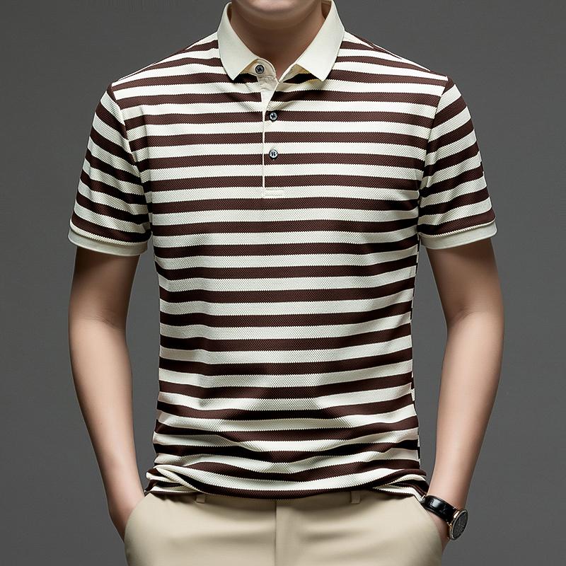 New Short Sleeved T-shirt Men's Striped Polo Shirt Casual Top Summer Ice Silk Lapel T-shirt Fashionable Summer Outfit