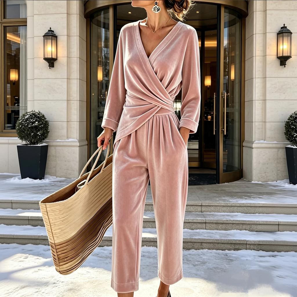 Women's Casual Color V-Neck Long Sleeve Top and Wide Leg Pants Two-Piece Outfit Set