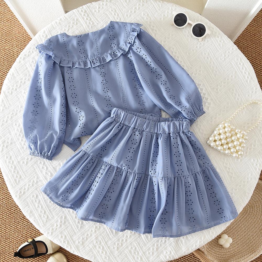 Blue Embroidered Flower Kids Clothes Girls Autumn Long Sleeved Lapel Single Breasted Shirt Top+Short Skirt 2Pcs Set