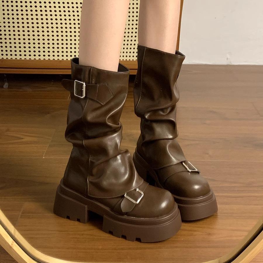 Brown Versatile Thick-soled Heightening Martin Boots Women's 2025 New Spring and Autumn Winter Retro Maillard Medium Boots