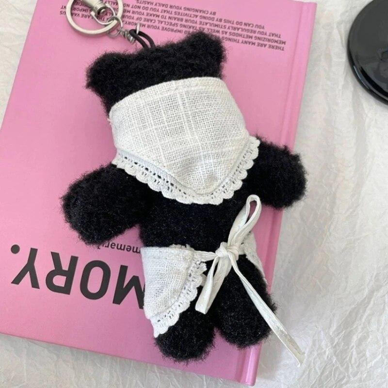 Cute Black Bear Apron Head Cover Plush Keychain Backpack Pendant Fashion Car Keyring Boy&Girls Women Bag Accessories