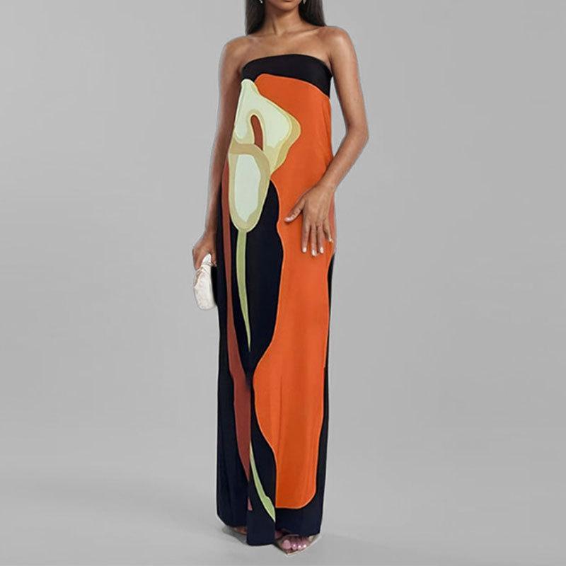 2026 spring new women's clothing, European and American dresses, fashionable and sexy off-the-shoulder printed tube top dress