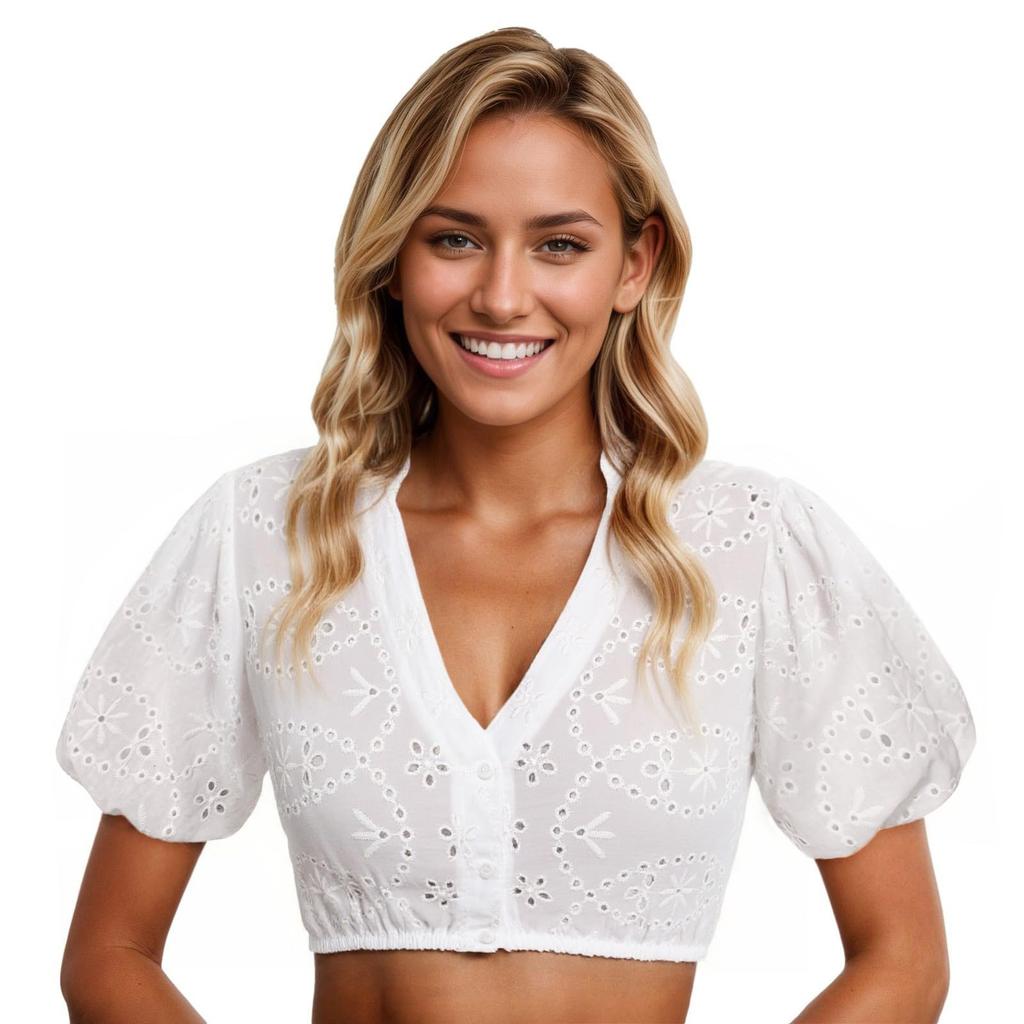 Women's Eyelet Crop Top Button Front Blouse Puff Sleeve V Neck Lightweight Summer Shirt