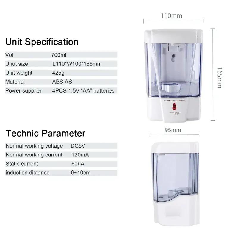 Automatic Touchless Soap Dispenser 700ml, Wall-Mounted Large Capacity Battery-Operated Sensor Hand Washer for Bathroom Kitchen