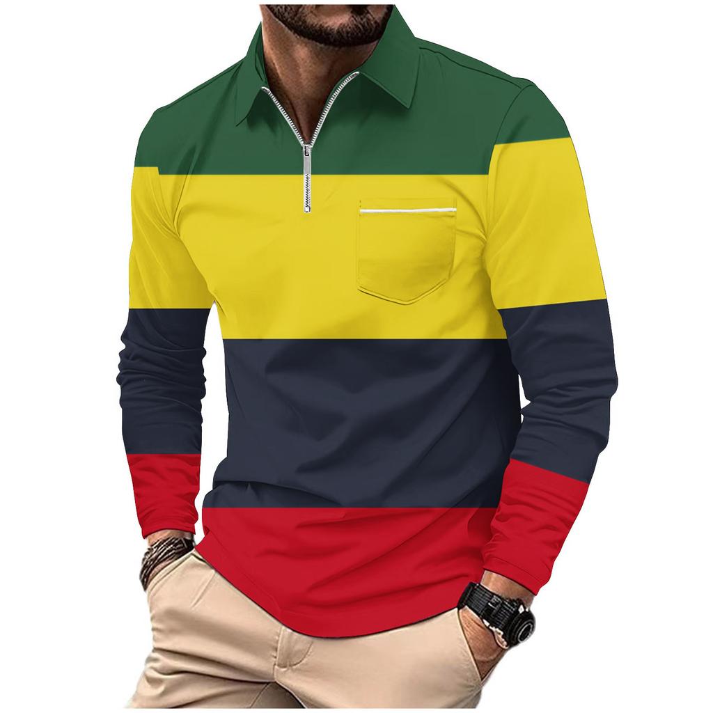 Fashion Polo Shirt Men's Printed Long Sleeve Zip Pocket Sports Polo Shirt Men's Striped Sweatshirt