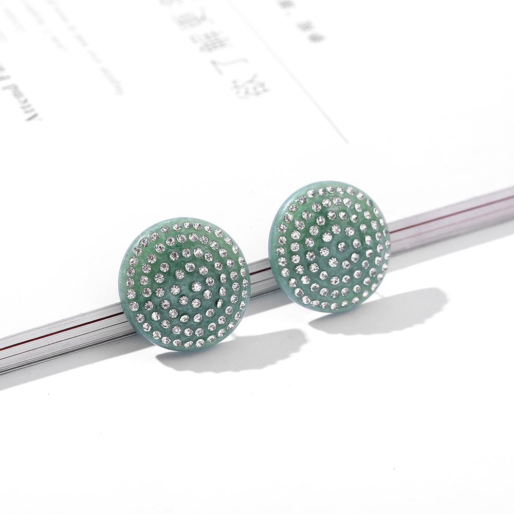 

New Trendy Green Resin Big Round Stud Earrings for Women Creative Pave Rhinestone Statement Earring Fashion Zircon Gifts