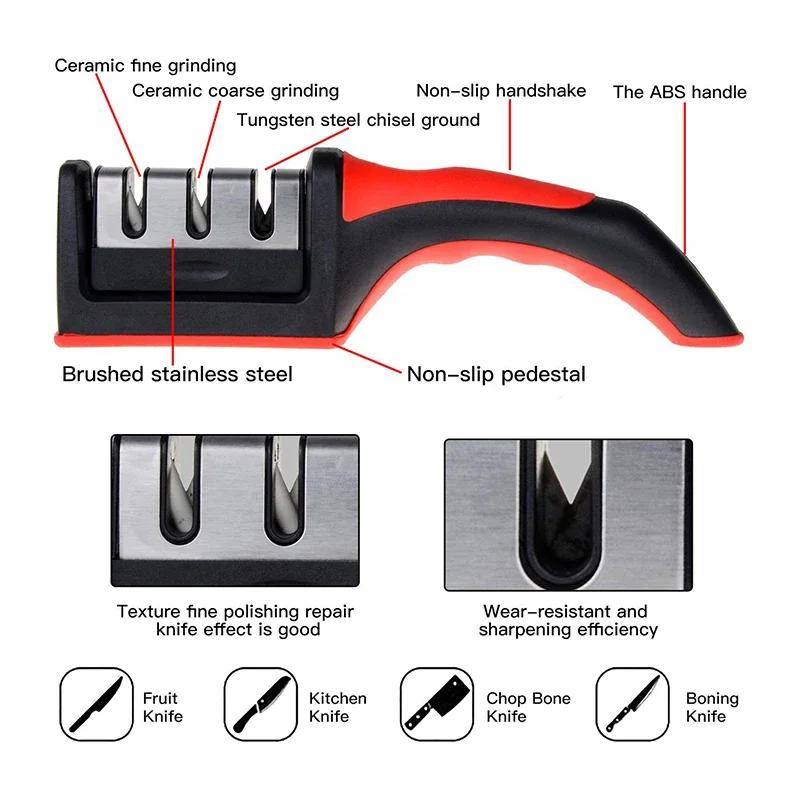 3-Segment Knife Sharpener Knife Sharpeners for Kitchen Knives Stainless Steel Three-Purpose Sharpening Stone for Kitchen Tools