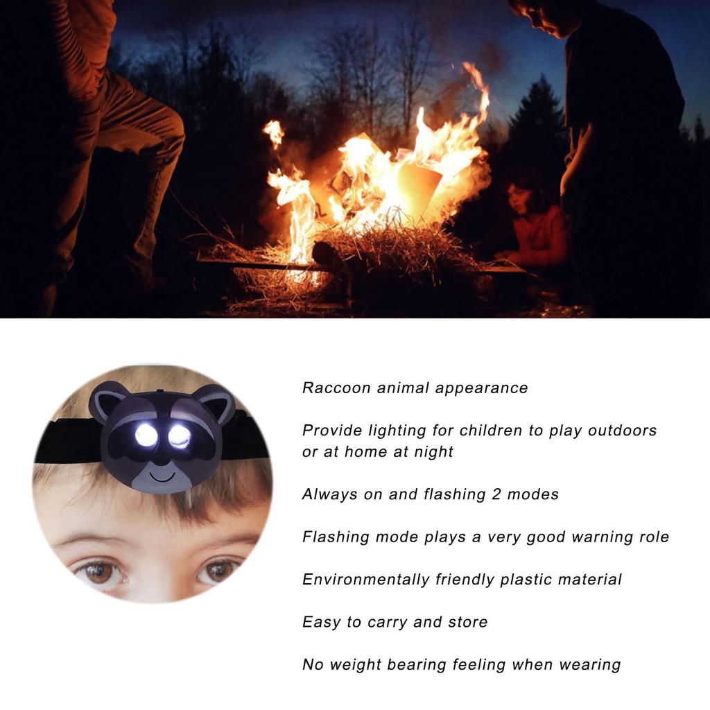 Raccoon LED Headlamp with 2 Lighting Lightweight Plastic Head Flashlight for Kids Modes, Battery-Operated