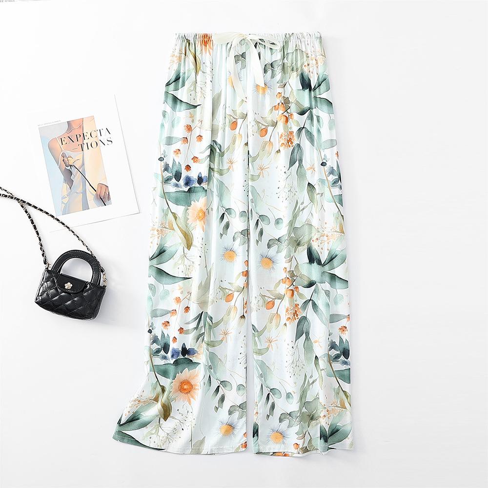 Women's Pajama Bottoms Floral Print Cuff Pants Wide Leg Pj Pants Elastic Waist Sleep Pants Loungewear Nightwear