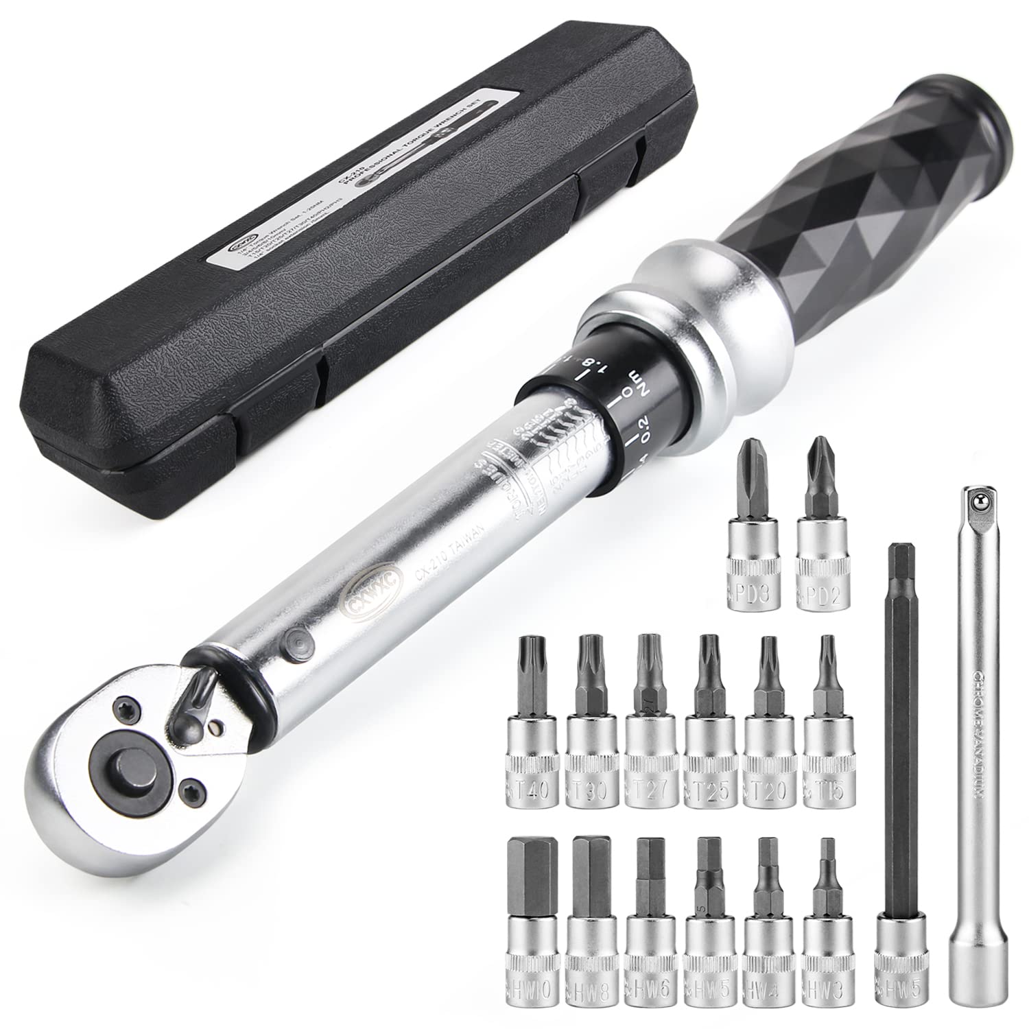 

CXWXC Bicycle Torque Wrench 15 Extension Lock Ring for Road Bikes Set, 6.35mm (1/4 ) Drive, 1-25N.m, Bits, Adapter, Type, Pre-Set, (CX-210)